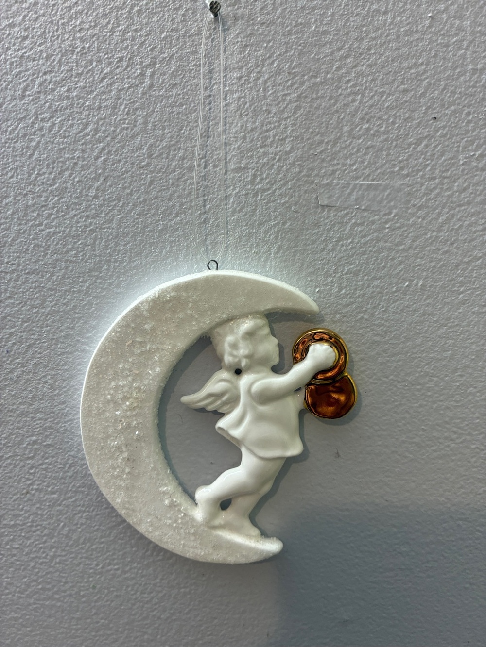 White Angel on Crescent Moon Wall Hanging with Gold Cymbols